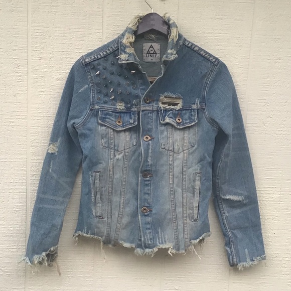 UNIF American flag denim jean distressed spikes jacket - Picture 3 of 16